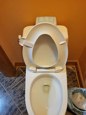 A reviewer's toilet with the seat up and the toilet seat handle attached