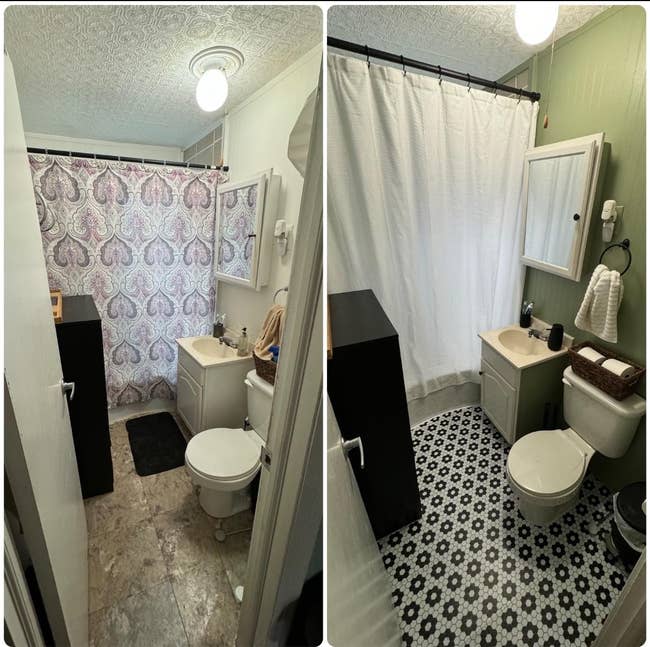 Before and aft  bath  renovation; aged  ablution  curtain and flooring replaced with caller   designs for a refreshed look
