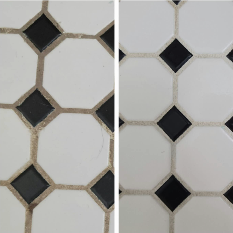 reviewer's bathroom tile floor with dirty grout and then clean grout