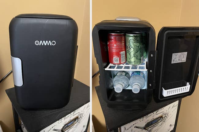 Reviewer image of black mini fridge on top of cabinet, interior of product with beverages on shelves 