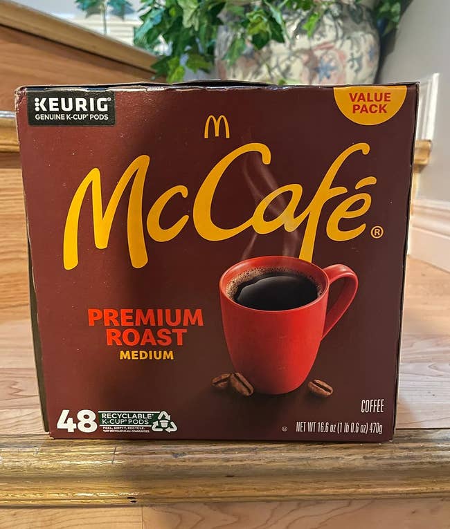 Reviewer photo of a box of McCafé Keurig K-Cup pods, 48 count, premium medium roast coffee