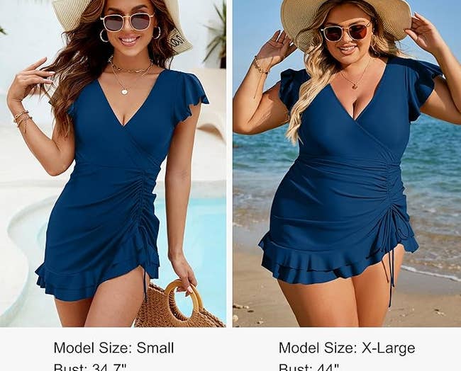Woman on left in a blue V-neck ruffle dress with sunglasses and hat. Woman on right in similar plus-sized version. Both models posing for a fashion shoot
