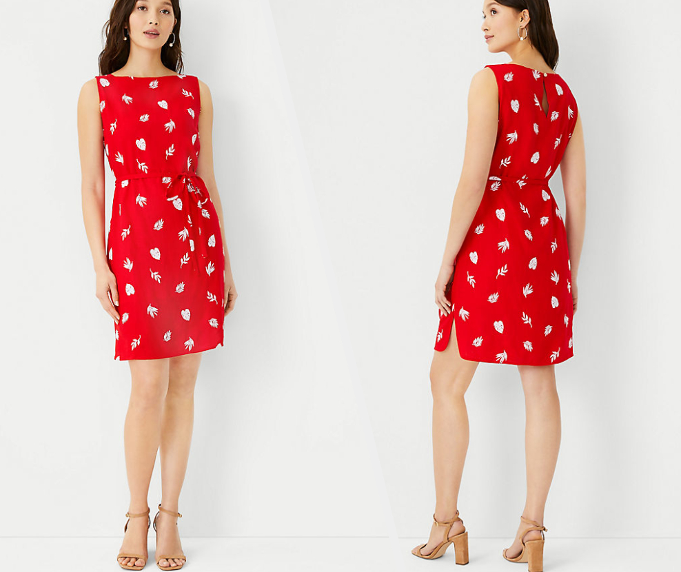 Two images of a model wearing red and white dress