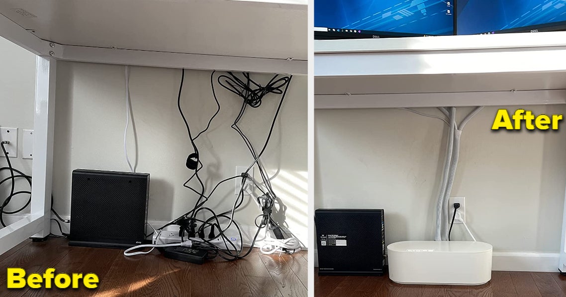 a reviewer shows a before and after of tangled cords now neatly in the box organizer