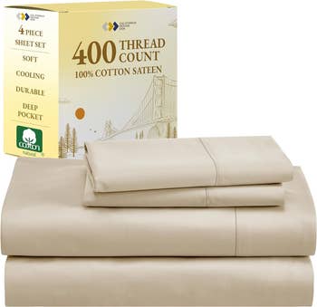 Product packaging for a 4-piece, 400 thread count, 100% cotton sheet set with a soft and durable design
