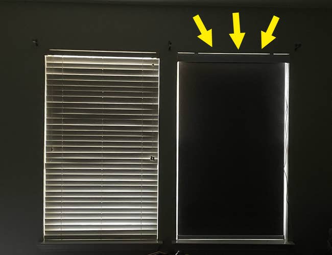 Two model blinds; near is partially open, close is afloat closed. Yellow arrows constituent to gaps supra the closed blind, suggesting airy leakage