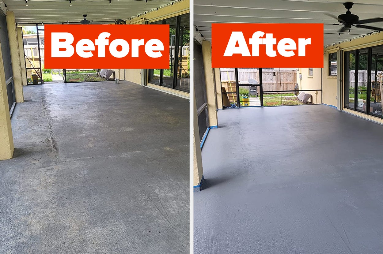 Reviewer's concrete patio before and after using the paint 