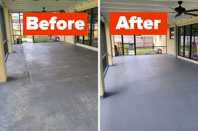 Reviewer's concrete patio before and after using the paint 