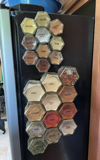 the spice jars in small and large sizes attached magnetically to the side of a reviewer's fridge