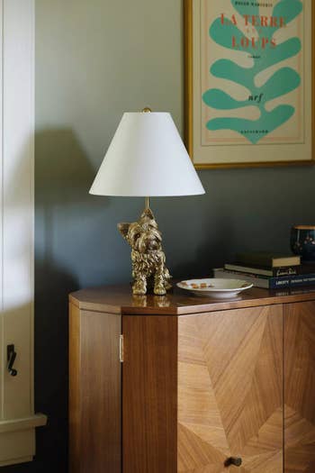 Table lamp with a golden  canine  basal  connected  a woody  cabinet, alongside books, a plate, and a framed poster above