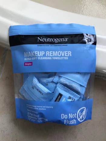 A reviewer photo of the bag of makeup remover wipes