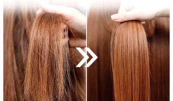 near shows frizzy, close shows smooth, silky hair. Text suggests a regular attraction routine