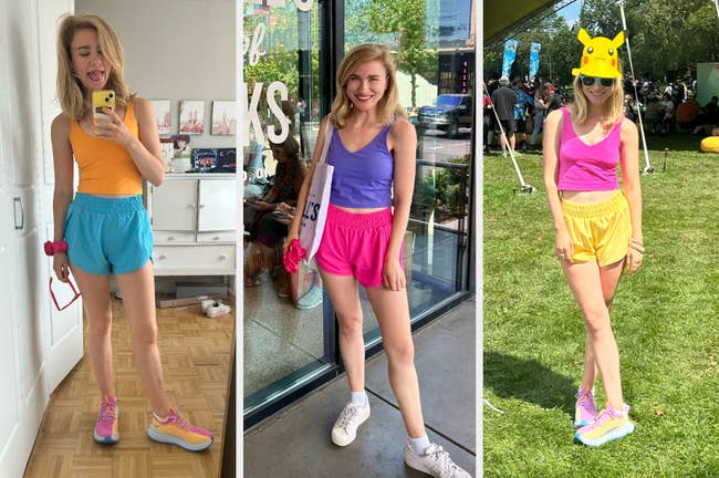 Buzzfeeder wearing high waisted elastic running shorts in blue, pink, and yellow 