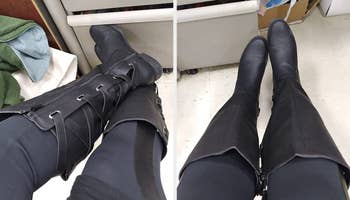 Two images of reviewer wearing black boots