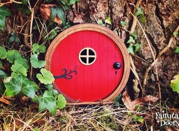 a close-up of the red circular door mounted on a tree 