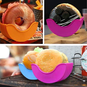 The holders being used to hold a bagel, donut, and burgers