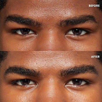 before-and-after pic of model's eyebrows with stray baby hairs (top) and models same eyebrows looking more uniform after using the gel (bottom)
