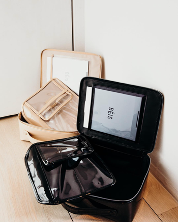 beige and black travel makeup bags