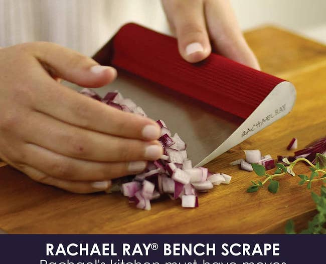 a model using a bench scraper to collect red onion