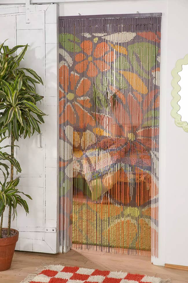 Beaded door curtain with a colorful floral pattern, hanging in a doorway next to a potted plant and a decorative mirror