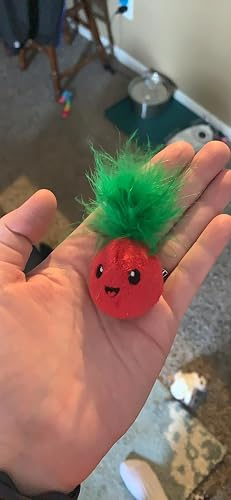 A manus  holds a small, plush reddish  artifact  with greenish  fluffy hairsbreadth  and a smiley face, suitable for favored  play