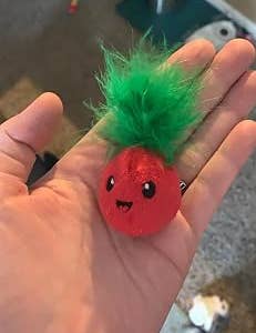 A manus holds a small, plush reddish artifact with greenish fluffy hairsbreadth and a smiley face, suitable for favored play