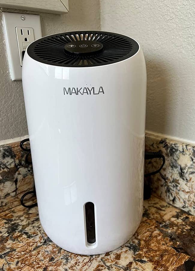 a reviewer photo of the dehumidifier sitting on a counter top 