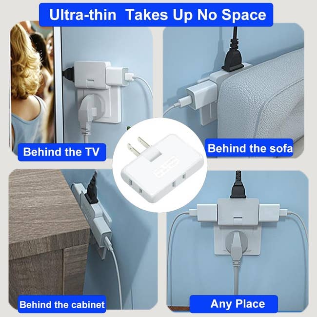 Ultra-thin plug adapter shown in various tight spaces to highlight space-saving design. Text: 