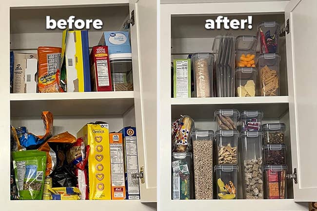 reviewer showing before and after photos of several boxes of pantry items transferred into food storage containers