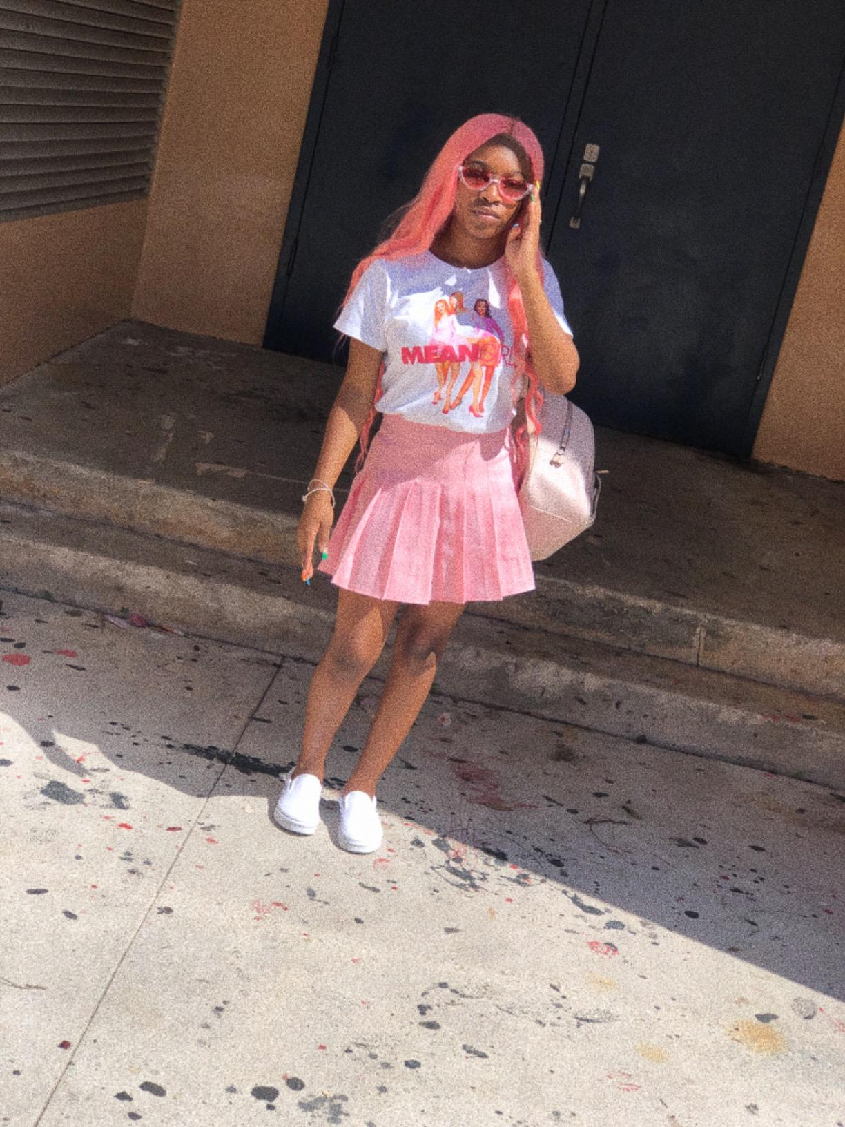pink plaid skirt outfit