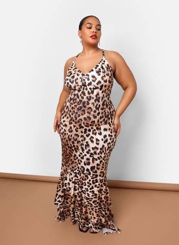 model in the leopard print maxi dress with a ruffled hem