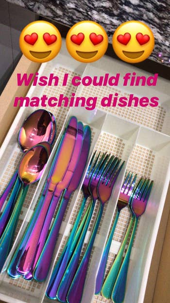 reviewer photo of the iridescent flatware in a drawer organizer