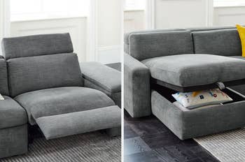 collage of reclining chaise, storage chaise with pillows insidef