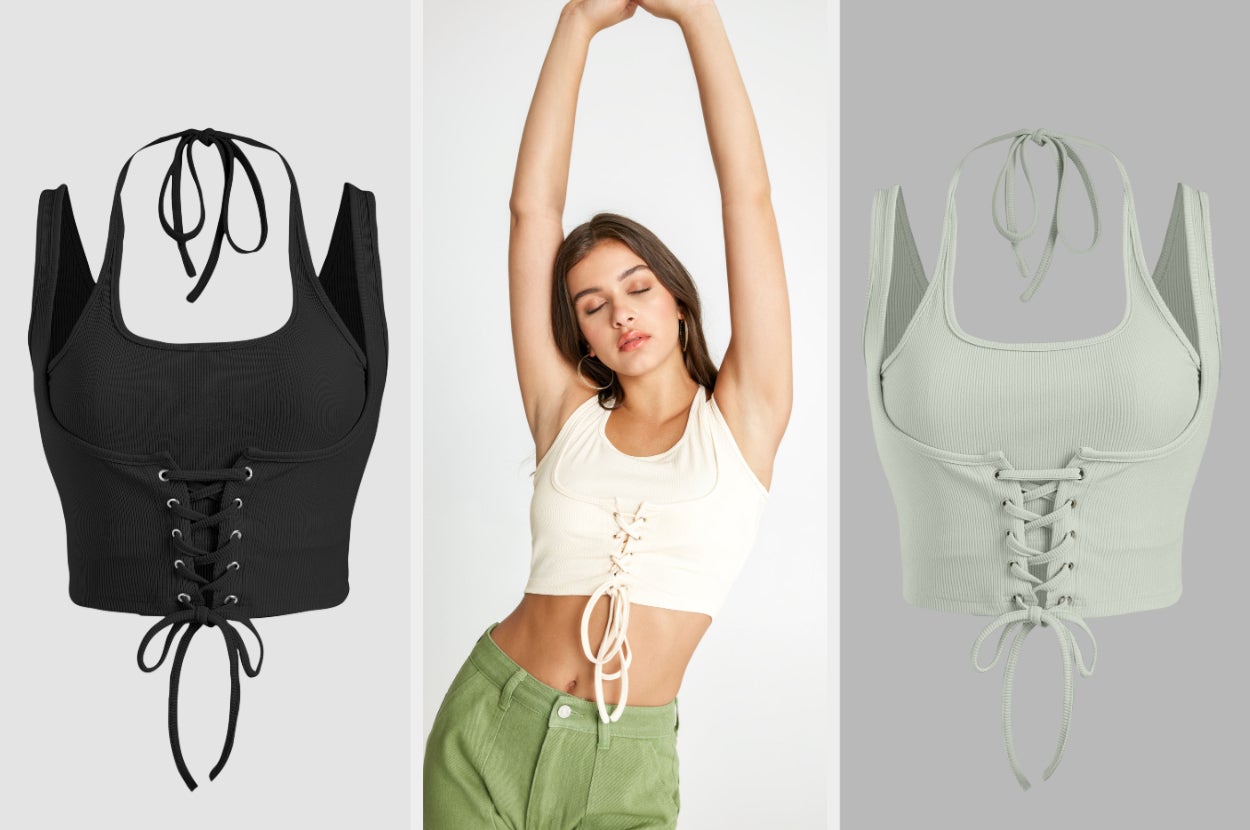 Three images of black, ivory, and green tops