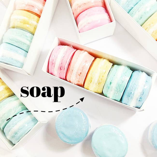 Boxed pastel-colored soap bars resembling macarons 