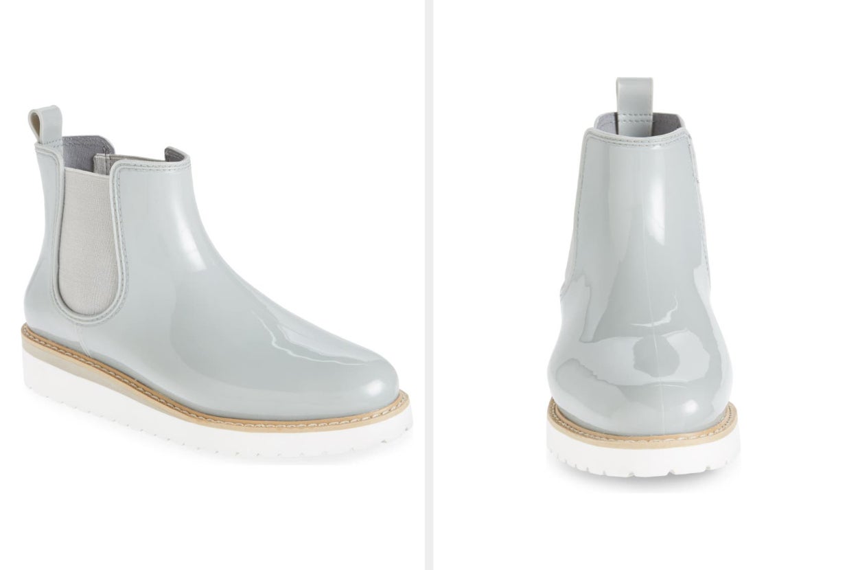 collage, side and front view of light blue rain boot