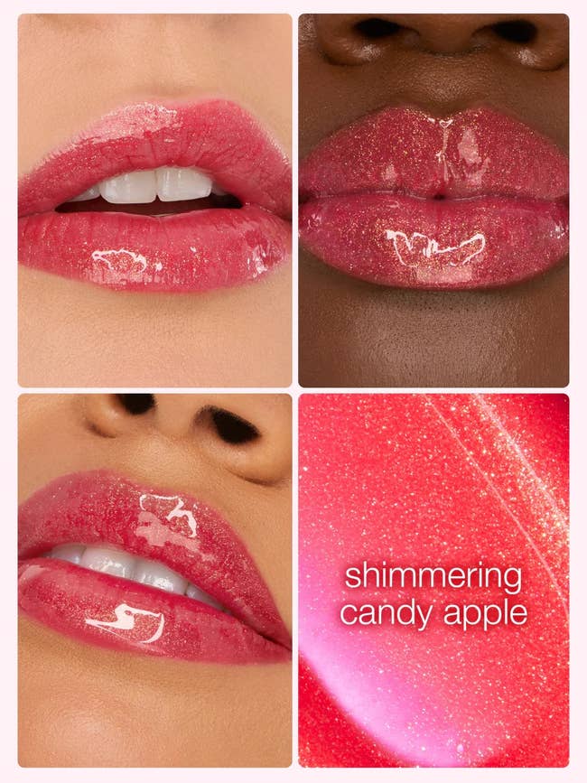 Close-up of lips wearing shimmering Tarte Maracuja articulator  lipid  successful  Shimmering Candy Apple; glossy texture showcased connected  antithetic  tegument  tones