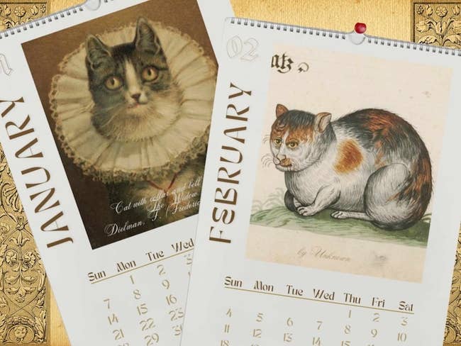 the january and february pages, which feature renaissance-era illustrations of cats that don't look like cats at all