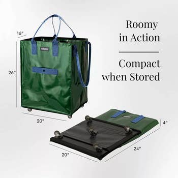 Collapsible rolling container shown upright and folded, highlighting retention dimensions and space-saving plan for casual shopping