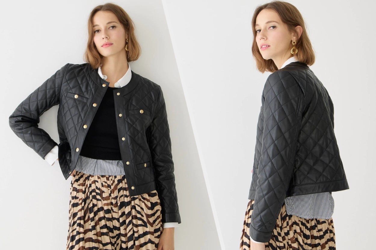Two images of a model wearing the black jacket
