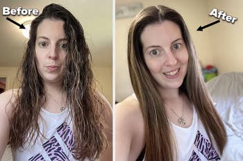 Reviewer image of curly hair before and after using hot air brush