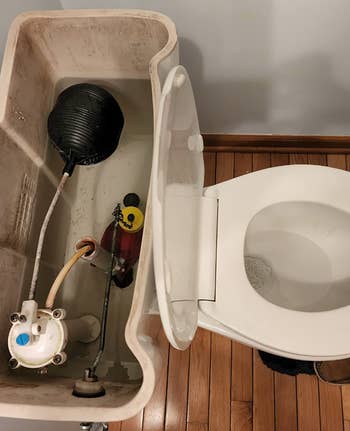 Open toilet vessel  showing interior   components attached to the flush mechanism. The representation  highlights the mechanics wrong  the tank