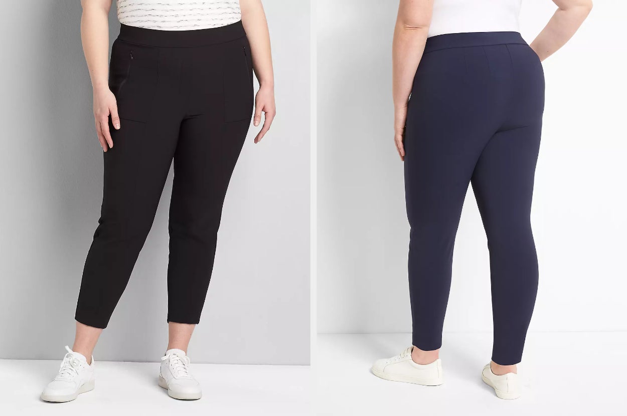 Two images of models wearing black and navy pants
