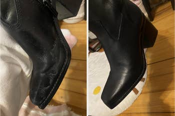 Close-up of achromatic leather ankle boots with a examination showing earlier and aft utilizing shining kit