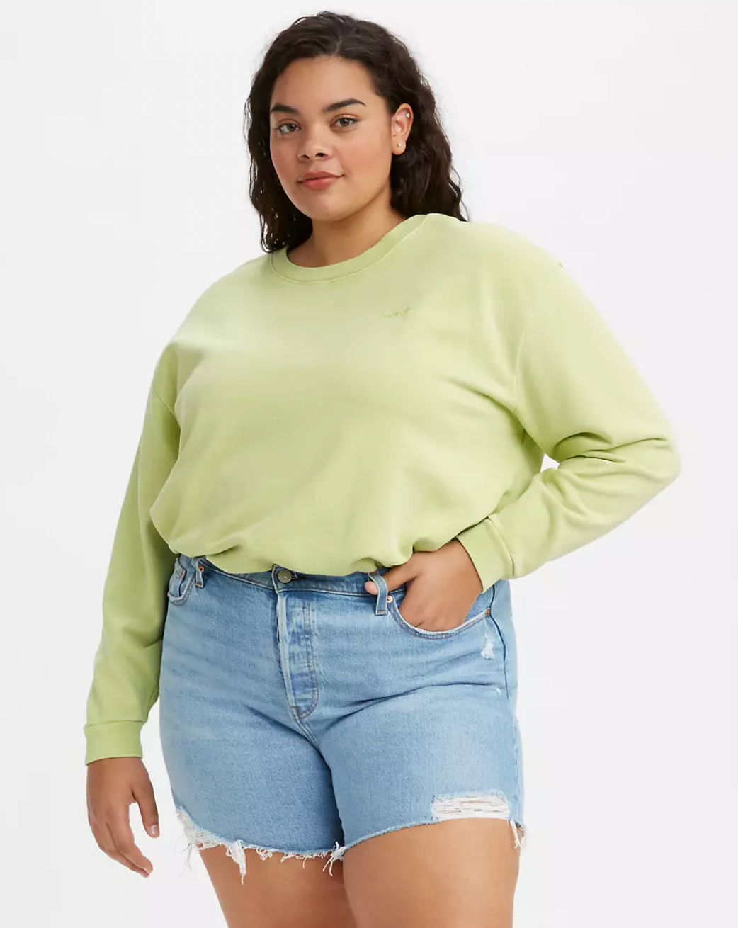 model wearing the crew neck sweater in green