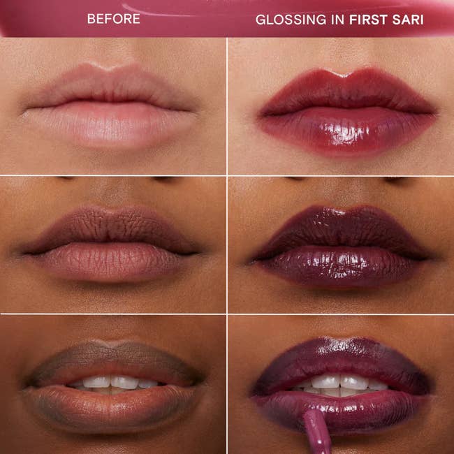 Comparison of lips earlier and aft applying gloss called
