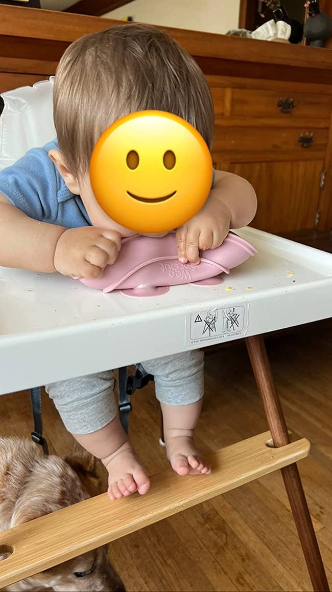 reviewer's child trying to lift a plate that's suction cups are stuck to their high chair tabletop