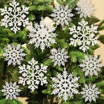white glittery snowflake ornaments