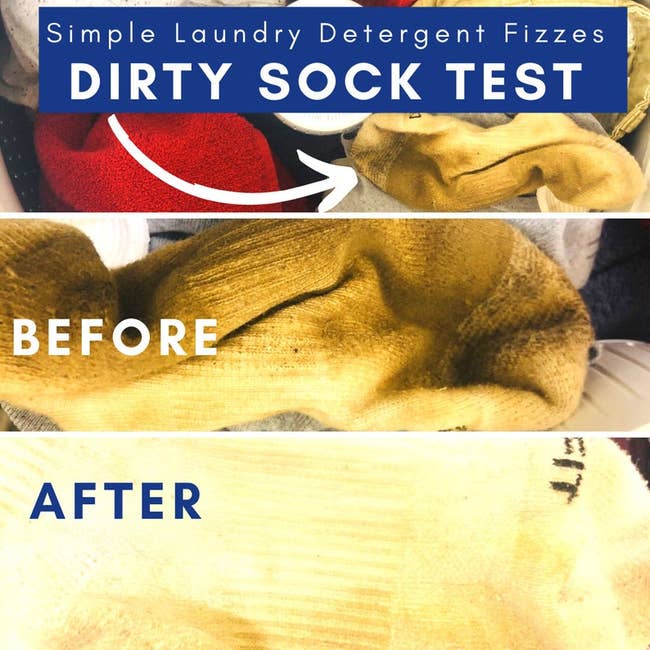 before of a dirty brown sock and an after photo of the sock looking much cleaner and white again after washing with the tablets
