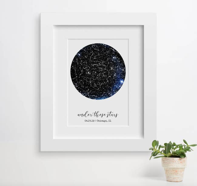 personalized constellation map framed on a wall